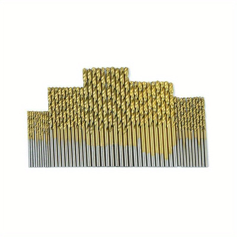 50-piece set of titanium coated high-speed steel drill bits with hex shank for metal, wood, and plastic.