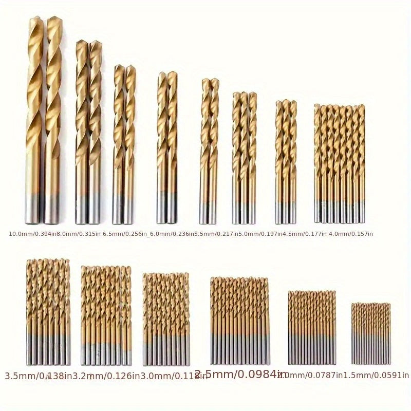 50-piece set of titanium coated high-speed steel drill bits with hex shank for metal, wood, and plastic.