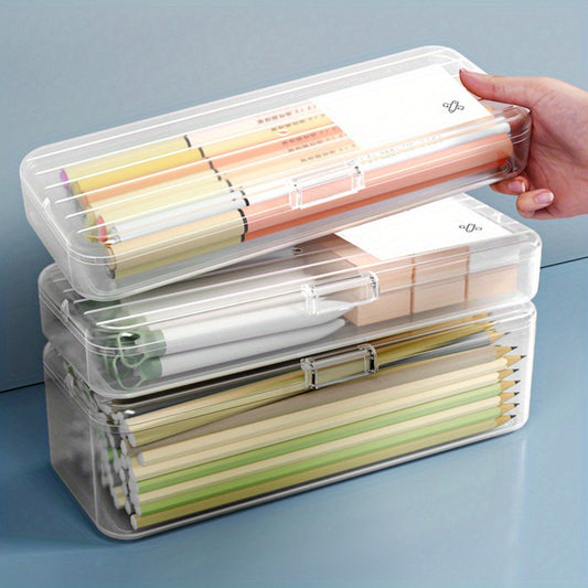 1pc Plastic Transparent Multipurpose Storage Box for organizing pens, pencils, markers, erasers, tape, stickers, and beads in homes, schools, and offices.