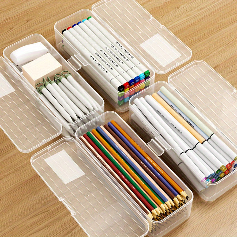 1pc Plastic Transparent Multipurpose Storage Box for organizing pens, pencils, markers, erasers, tape, stickers, and beads in homes, schools, and offices.