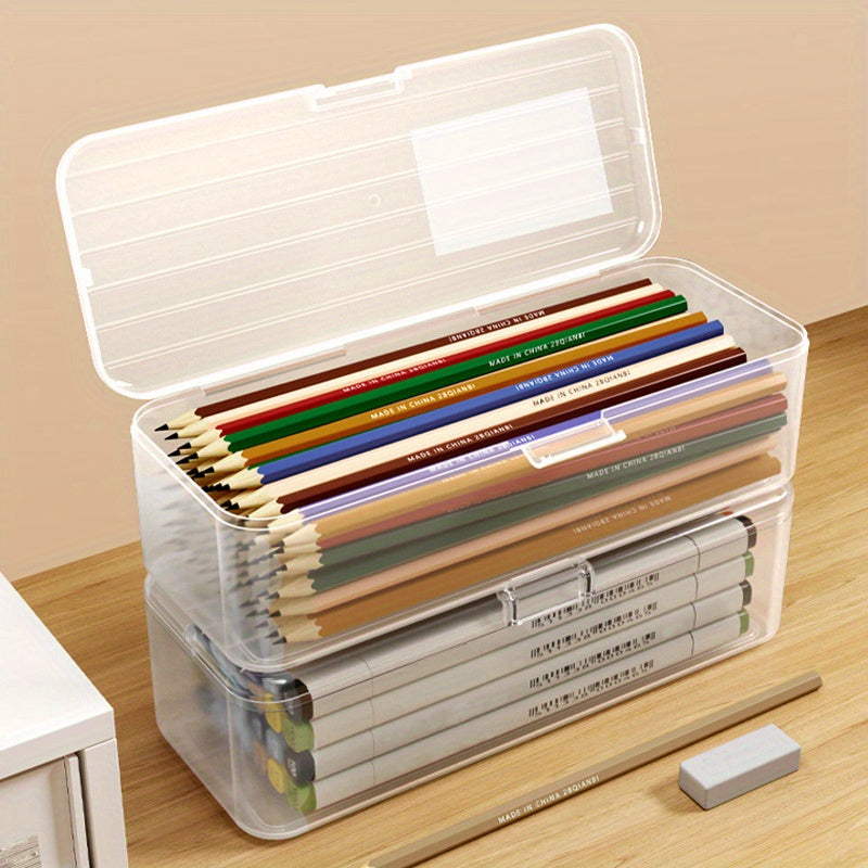 1pc Plastic Transparent Multipurpose Storage Box for organizing pens, pencils, markers, erasers, tape, stickers, and beads in homes, schools, and offices.