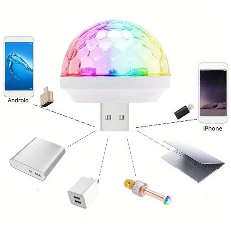 1 USB Mini Disco Light is sound-activated and features multi-colored LEDs, perfect for parties, clubs, and karaoke.