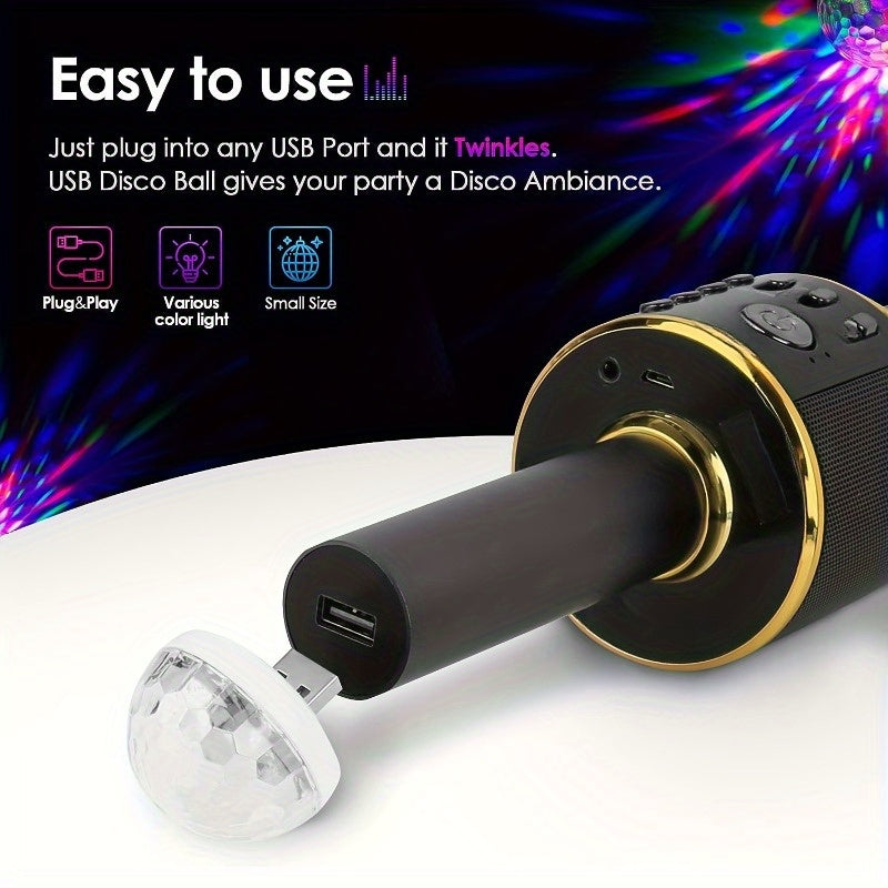 1 USB Mini Disco Light is sound-activated and features multi-colored LEDs, perfect for parties, clubs, and karaoke.