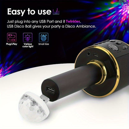 1 USB Mini Disco Light is sound-activated and features multi-colored LEDs, perfect for parties, clubs, and karaoke.