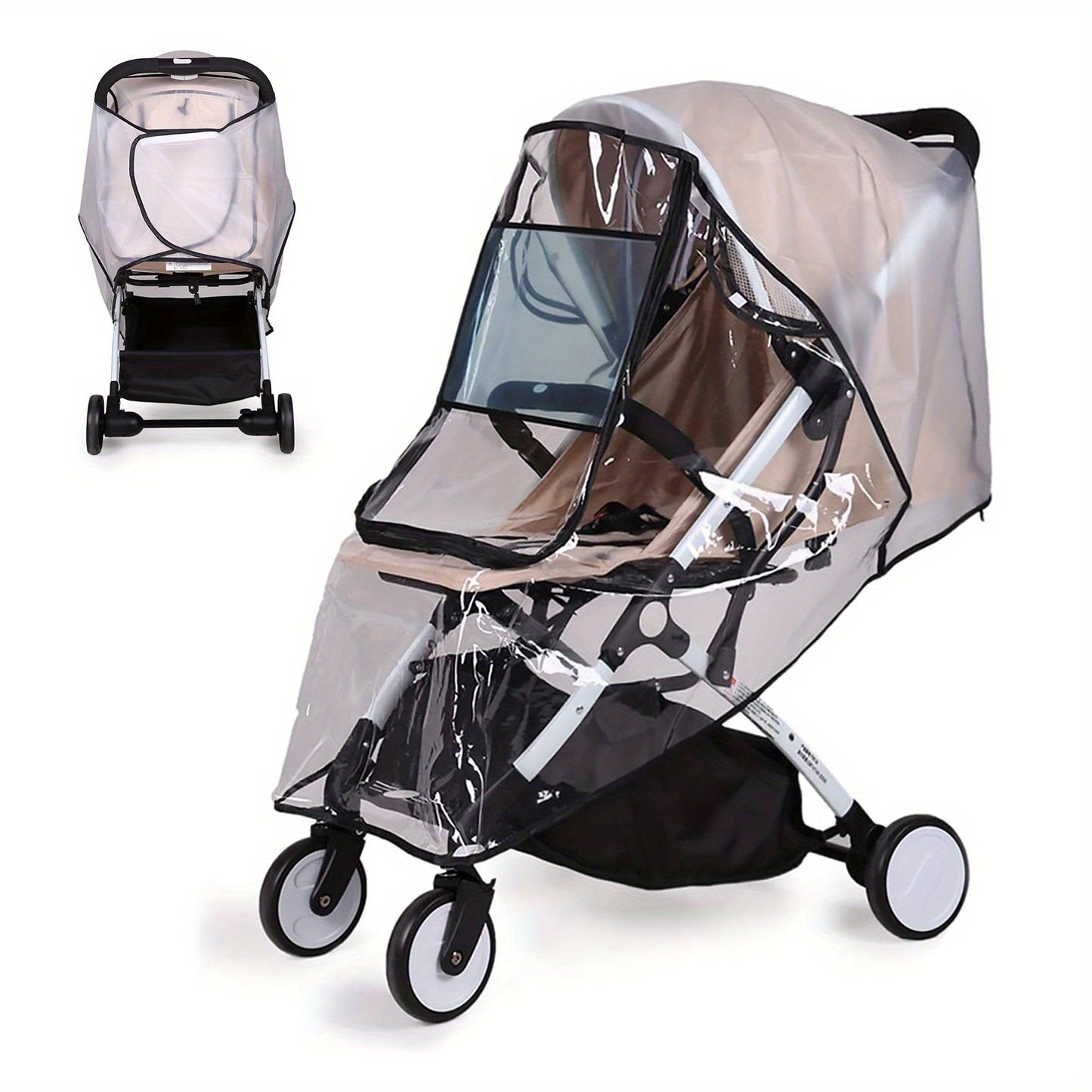 Protect your pushchair with this universal rain cover. Made from transparent material with a zip for easy access, this water resistant cover is durable and perfect for keeping your pram stroller shielded from wind, dust, and weather. Ideal for stroller