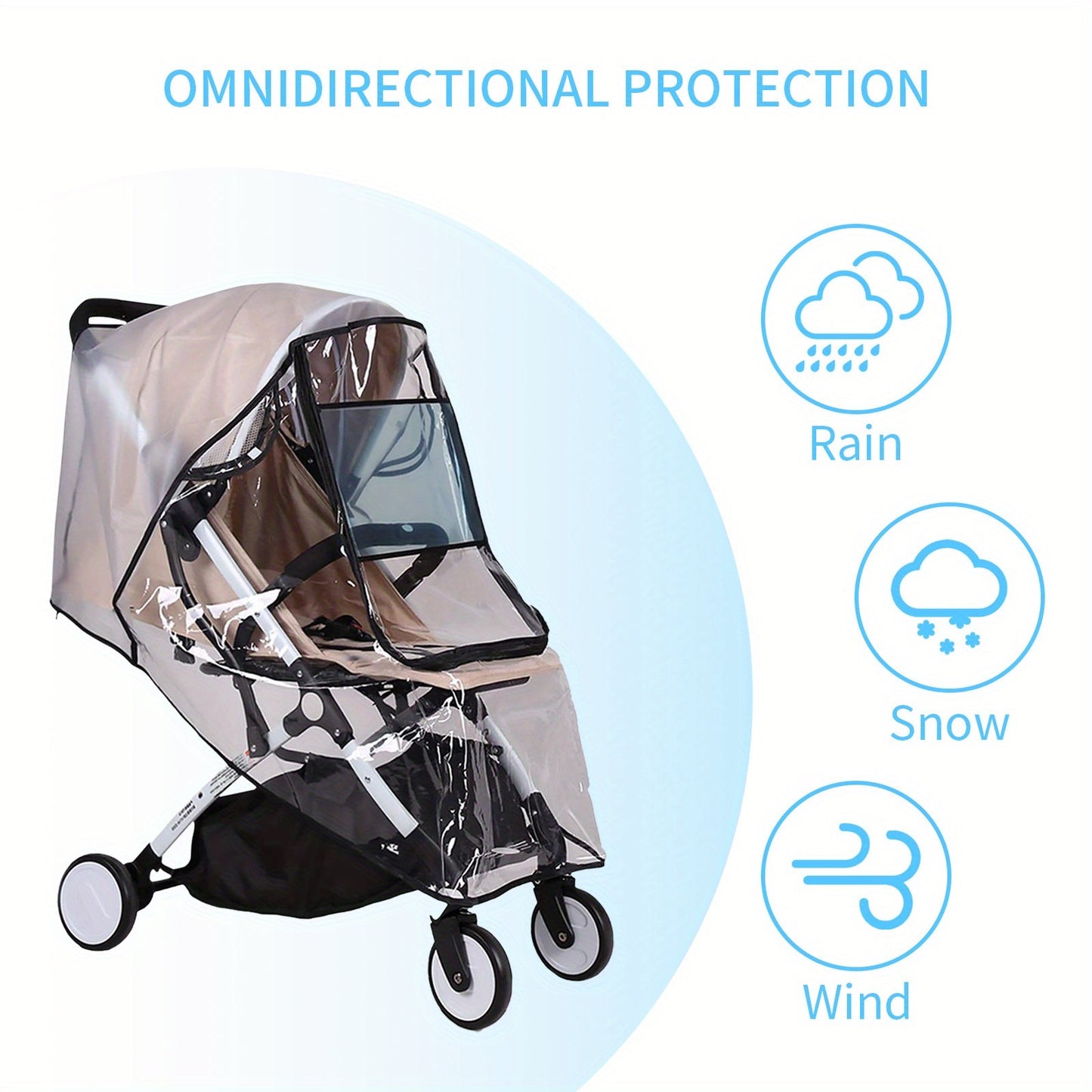 Protect your pushchair with this universal rain cover. Made from transparent material with a zip for easy access, this water resistant cover is durable and perfect for keeping your pram stroller shielded from wind, dust, and weather. Ideal for stroller