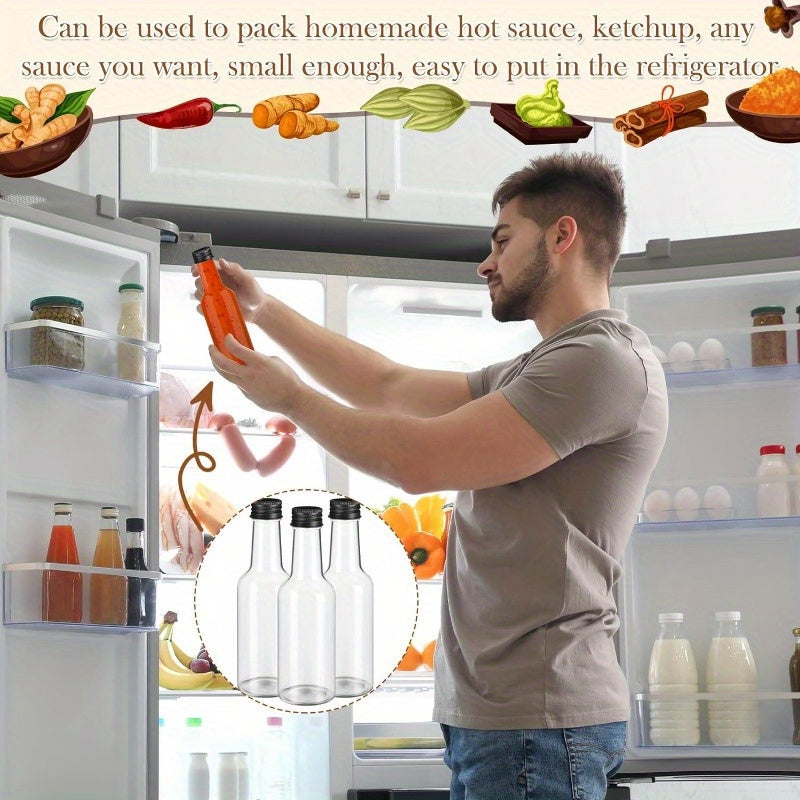 Get a set of 24 5oz Mini Clear Plastic Bottles with Leak-Proof Black Screw Caps, perfect for storing condiments, sauces, and liquor. Made of reusable, odorless PET plastic, these bottles are ideal for use in the kitchen, at parties, and during picnics.