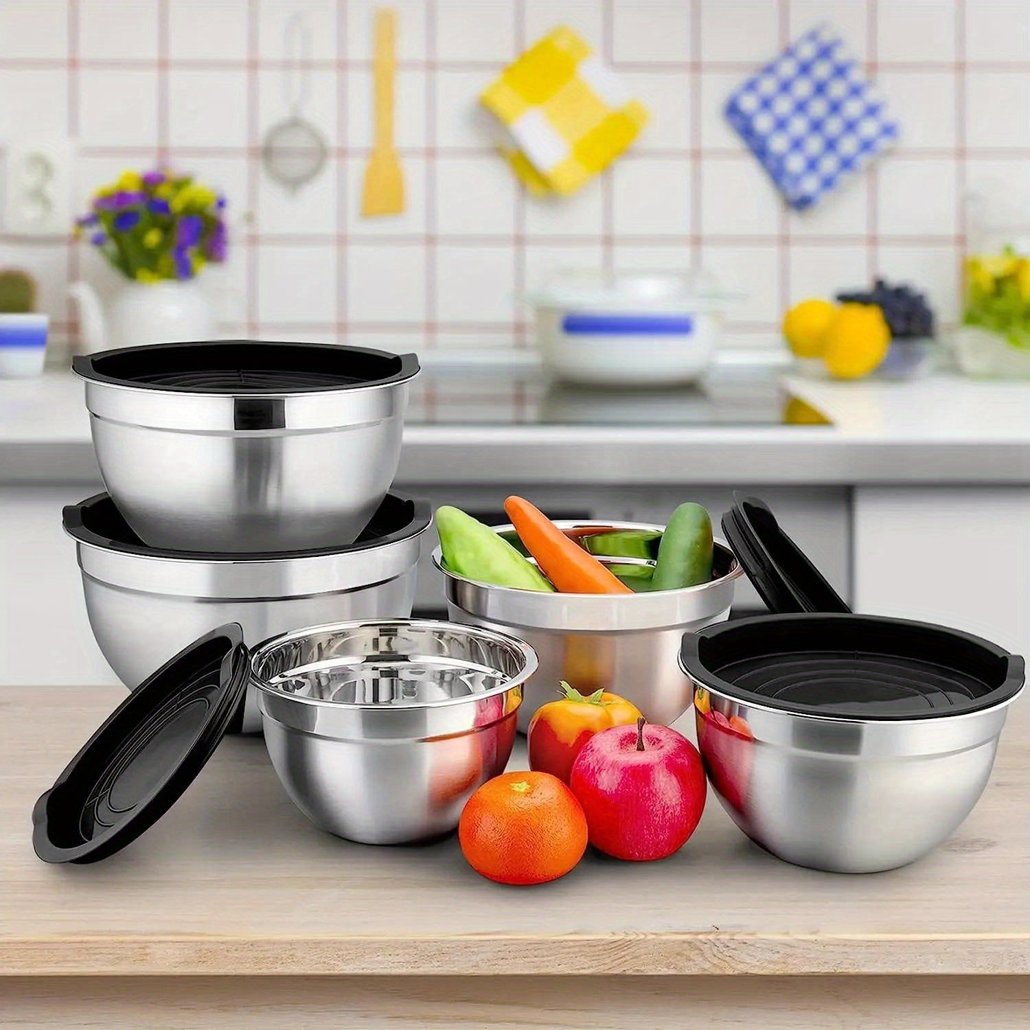 Set of 5 stainless steel mixing bowls with airtight lids, perfect for kitchen baking, serving, and storage. Heavy-duty, dishwasher safe, and essential kitchen accessories for home cooking.