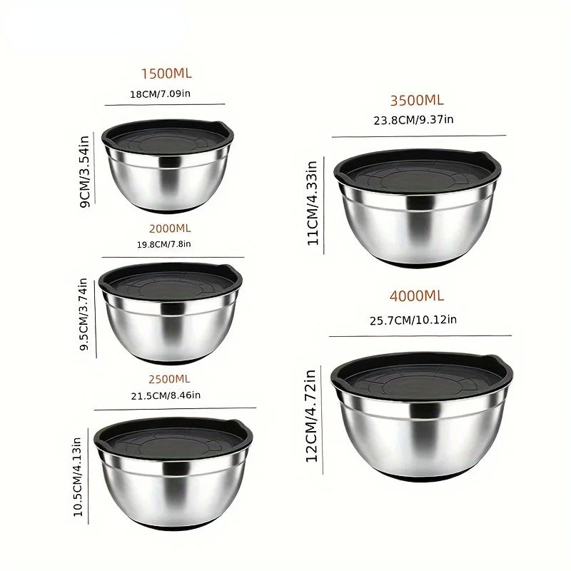 Set of 5 stainless steel mixing bowls with airtight lids, perfect for kitchen baking, serving, and storage. Heavy-duty, dishwasher safe, and essential kitchen accessories for home cooking.