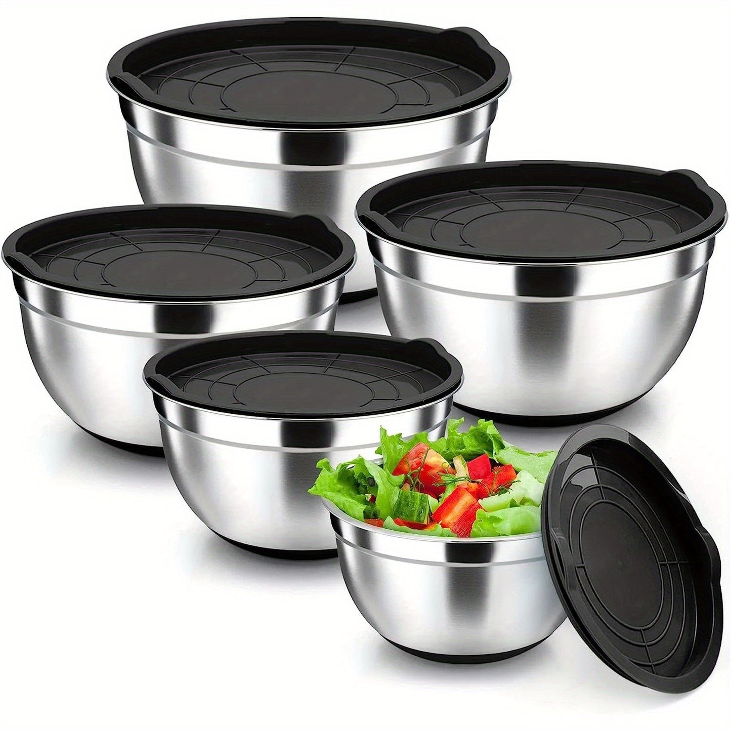 Set of 5 stainless steel mixing bowls with airtight lids, perfect for kitchen baking, serving, and storage. Heavy-duty, dishwasher safe, and essential kitchen accessories for home cooking.