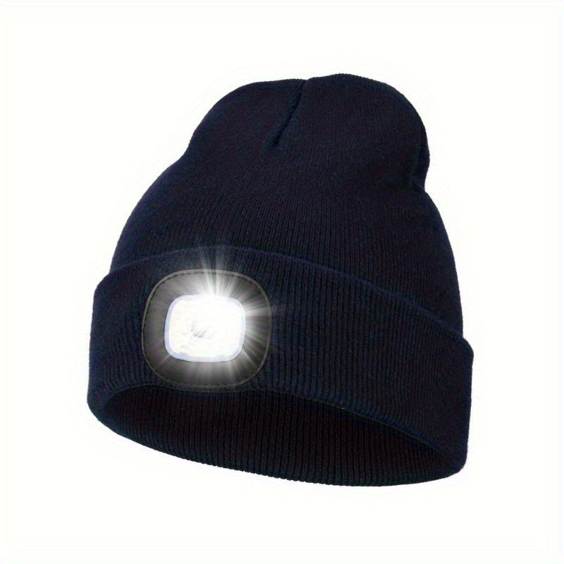 One piece of unisex beanie hat with LED light, featuring 4 LED lights powered by button cell batteries. This knitted hat allows for hands-free illumination, making it perfect for night walking, fishing, camping, and hunting.