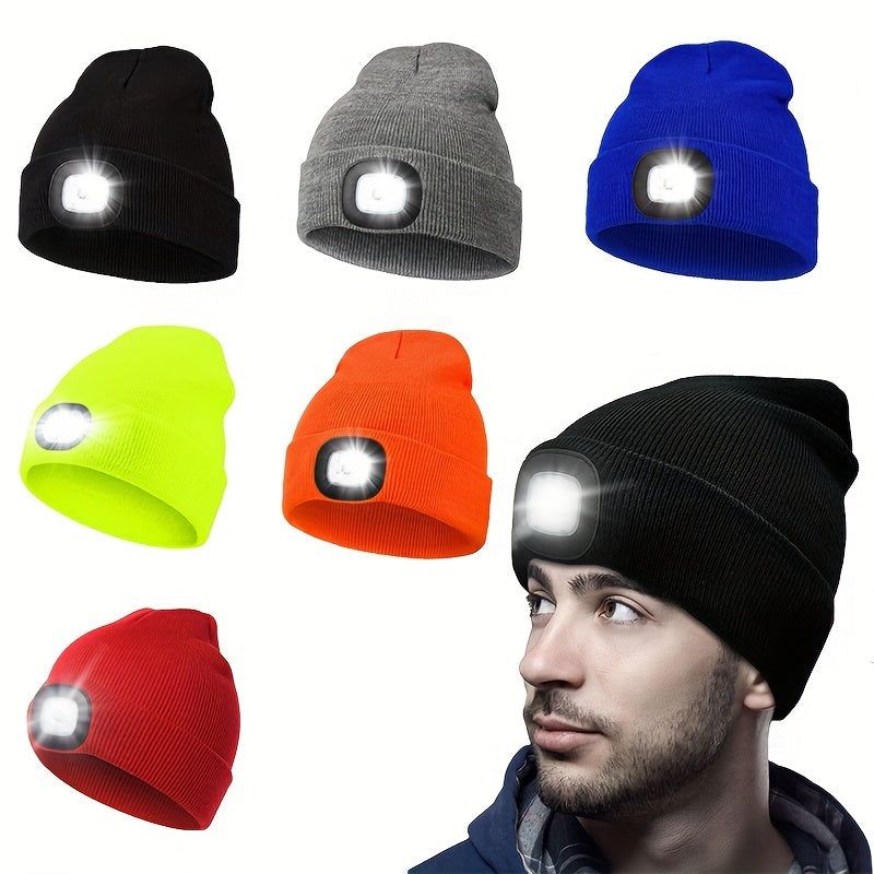 One piece of unisex beanie hat with LED light, featuring 4 LED lights powered by button cell batteries. This knitted hat allows for hands-free illumination, making it perfect for night walking, fishing, camping, and hunting.