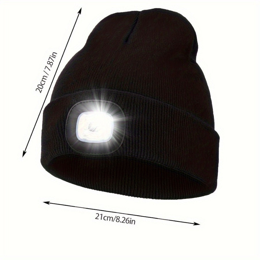 One piece of unisex beanie hat with LED light, featuring 4 LED lights powered by button cell batteries. This knitted hat allows for hands-free illumination, making it perfect for night walking, fishing, camping, and hunting.