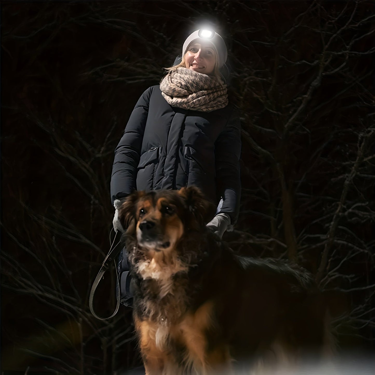 One piece of unisex beanie hat with LED light, featuring 4 LED lights powered by button cell batteries. This knitted hat allows for hands-free illumination, making it perfect for night walking, fishing, camping, and hunting.