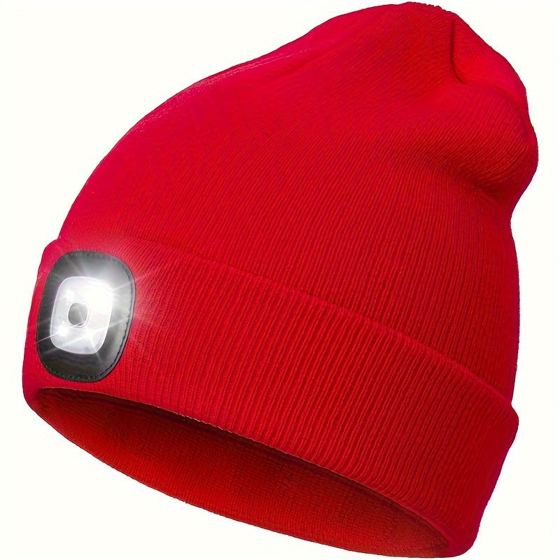 One piece of unisex beanie hat with LED light, featuring 4 LED lights powered by button cell batteries. This knitted hat allows for hands-free illumination, making it perfect for night walking, fishing, camping, and hunting.