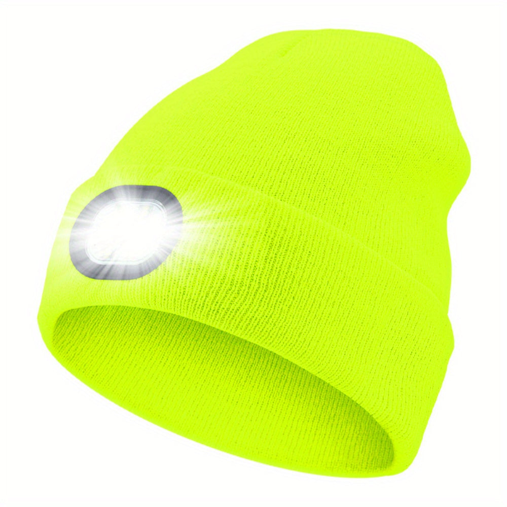 One piece of unisex beanie hat with LED light, featuring 4 LED lights powered by button cell batteries. This knitted hat allows for hands-free illumination, making it perfect for night walking, fishing, camping, and hunting.