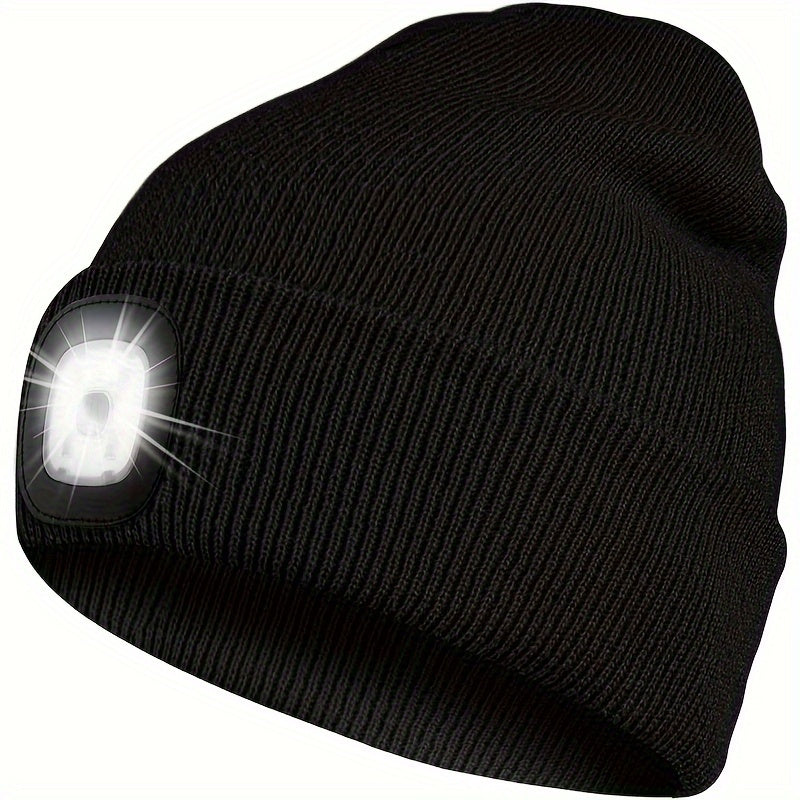 One piece of unisex beanie hat with LED light, featuring 4 LED lights powered by button cell batteries. This knitted hat allows for hands-free illumination, making it perfect for night walking, fishing, camping, and hunting.