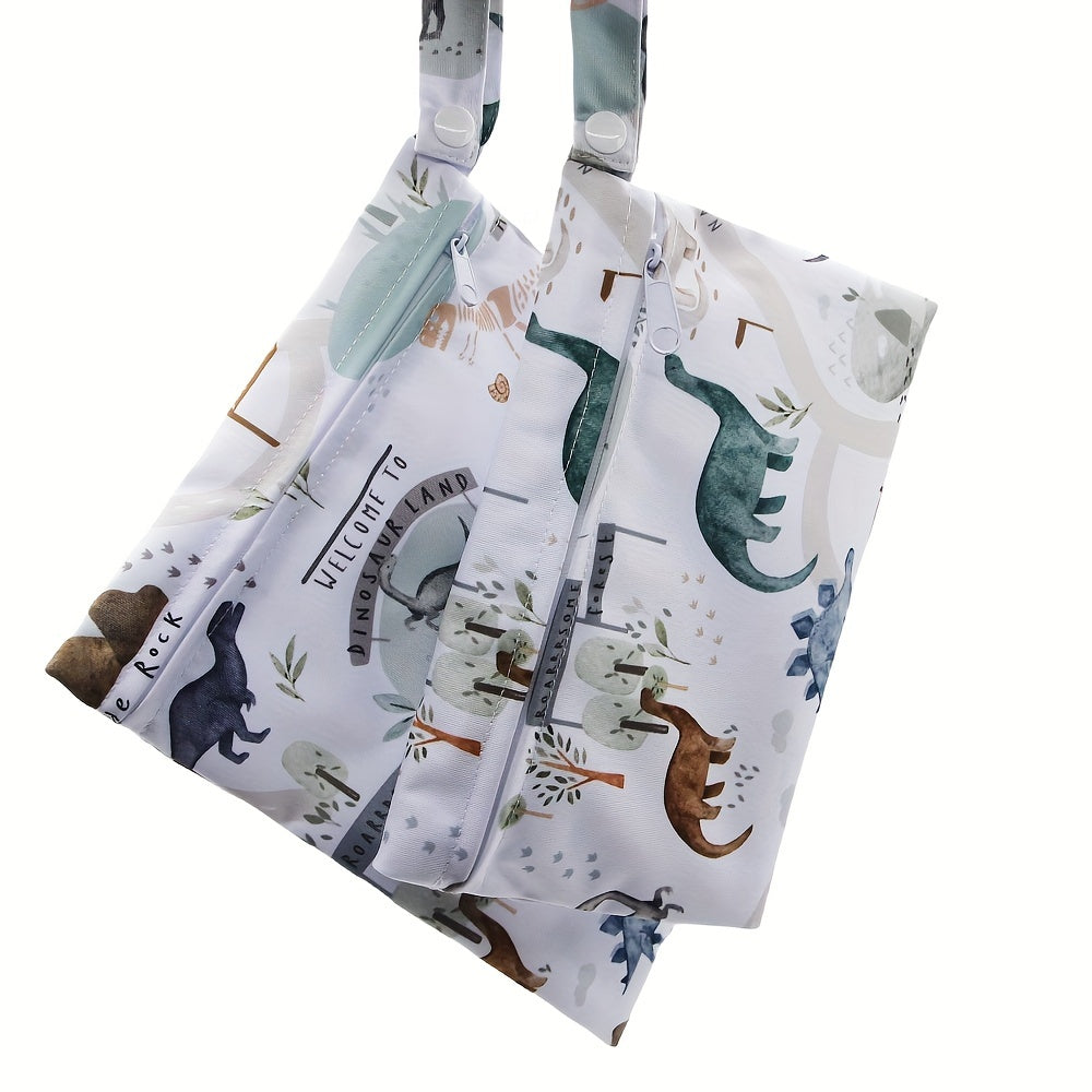 Set of 2 Asenappy Dinosaur Print Wet & Dry Bags, Made with Polyester Fiber for Waterproof and Reusable Diaper and Laundry Storage. Can also be Used as Makeup, Stroller, and Toy Organizer for Ages 14 and Up.