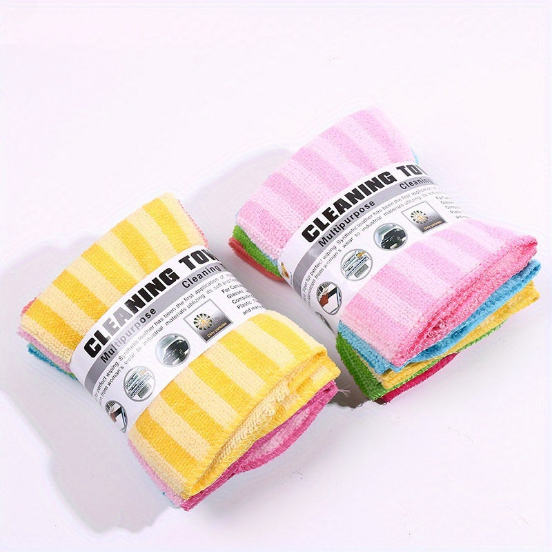 5/10 Microfiber Dish Towels with Striped Print, Scouring Pads and Cleaning Cloths. Absorbent, Easy to Wash. Random Colors. Ideal for Kitchen Cleaning.