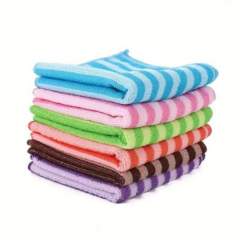 5/10 Microfiber Dish Towels with Striped Print, Scouring Pads and Cleaning Cloths. Absorbent, Easy to Wash. Random Colors. Ideal for Kitchen Cleaning.