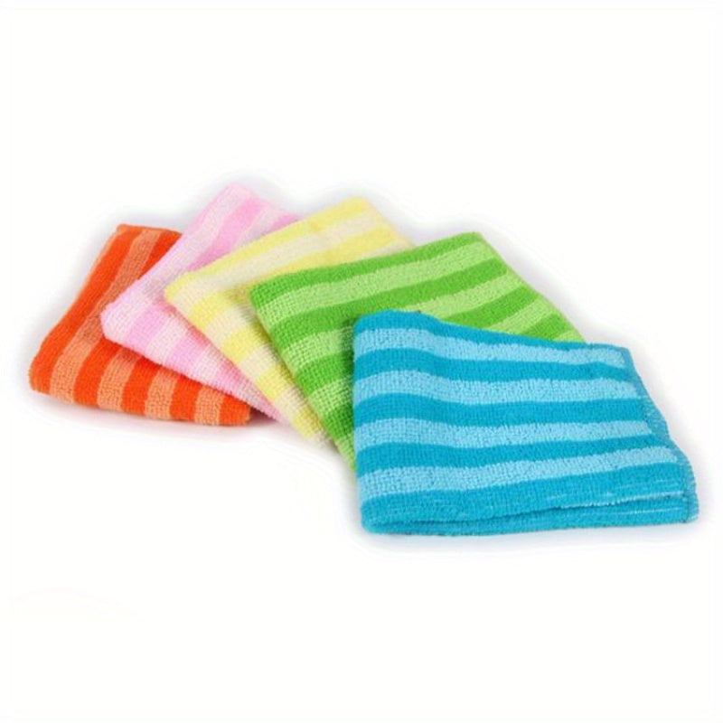 5/10 Microfiber Dish Towels with Striped Print, Scouring Pads and Cleaning Cloths. Absorbent, Easy to Wash. Random Colors. Ideal for Kitchen Cleaning.