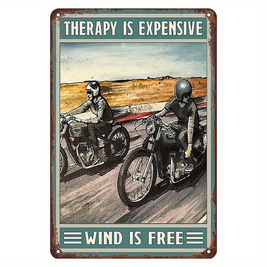 Present for Motorcycle Enthusiasts: Vintage Motorcycle Tin Sign, Humorous Wall Art Piece Depicting the Cost of Therapy versus the Freedom of Wind Riding, Metal Poster for Stylish Home Decor