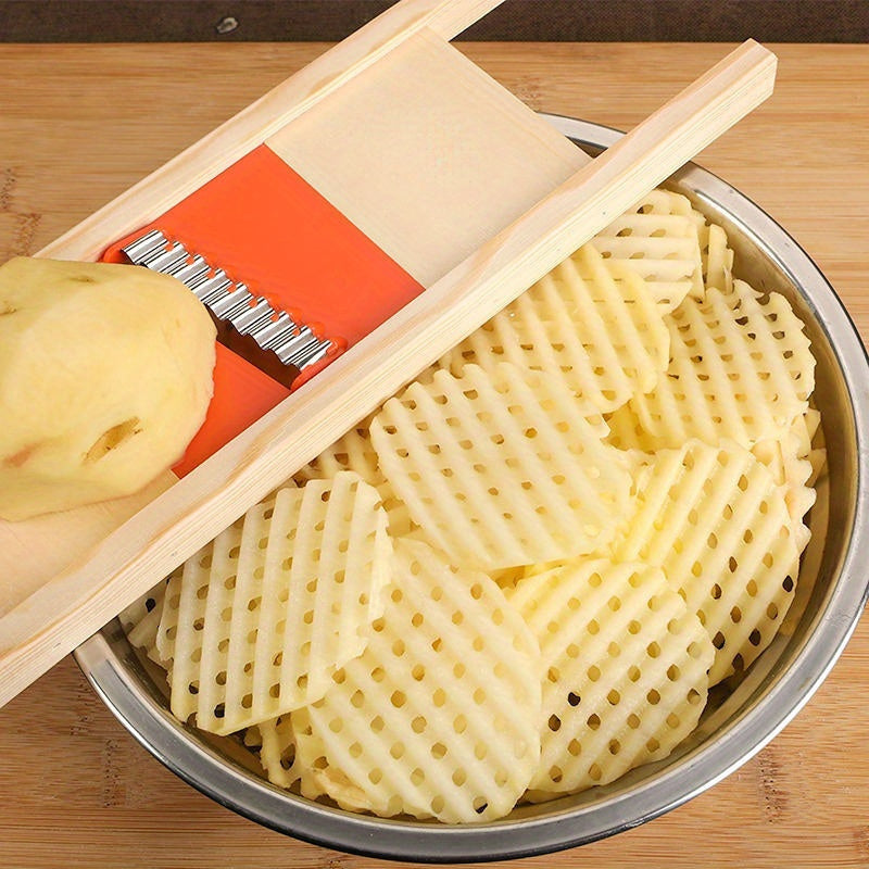 Manual Wave Knife Stainless Steel Potato Slicer & Vegetable Cutter - Yellow and Red Kitchen Gadget Accessory