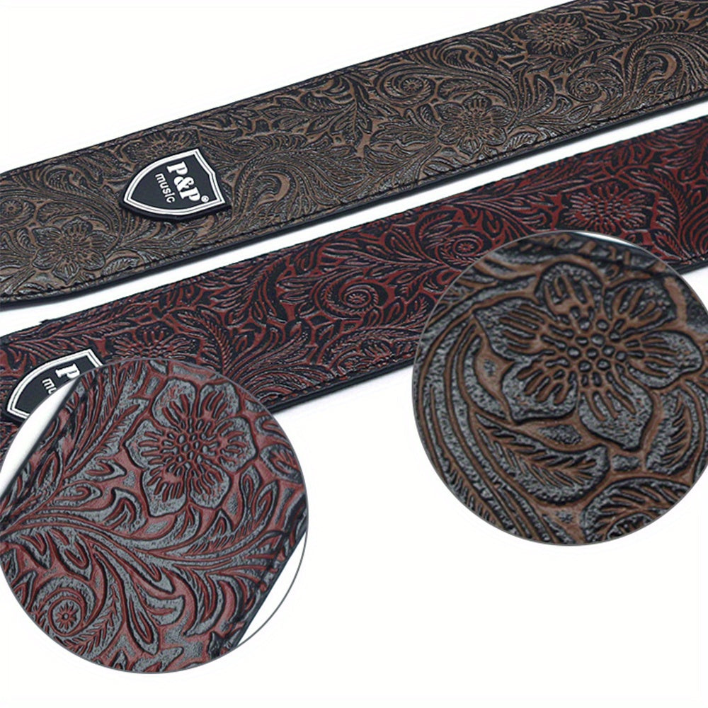 6.35cm Genuine faux leather guitar strap with adjustable soft embroidered belt for classical bass music hobby guitar accessories, with random pattern.