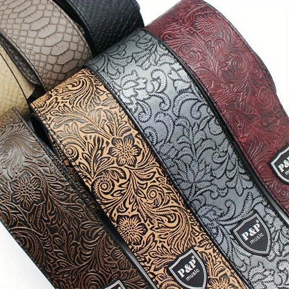 6.35cm Genuine faux leather guitar strap with adjustable soft embroidered belt for classical bass music hobby guitar accessories, with random pattern.