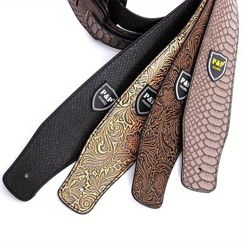 6.35cm Genuine faux leather guitar strap with adjustable soft embroidered belt for classical bass music hobby guitar accessories, with random pattern.