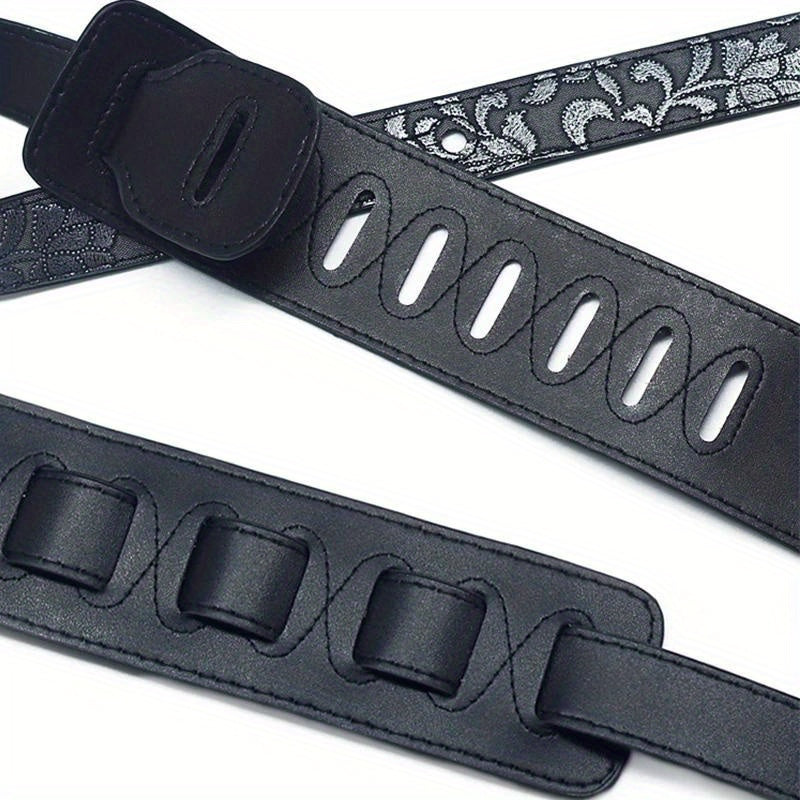 6.35cm Genuine faux leather guitar strap with adjustable soft embroidered belt for classical bass music hobby guitar accessories, with random pattern.