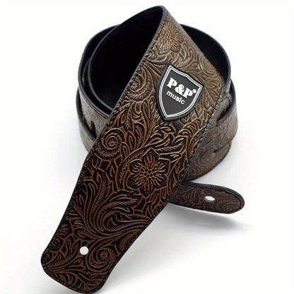 6.35cm Genuine faux leather guitar strap with adjustable soft embroidered belt for classical bass music hobby guitar accessories, with random pattern.