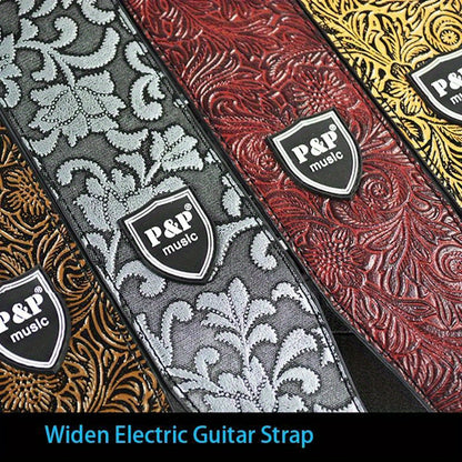 6.35cm Genuine faux leather guitar strap with adjustable soft embroidered belt for classical bass music hobby guitar accessories, with random pattern.