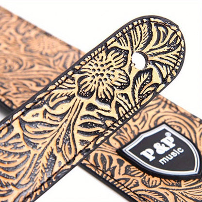 6.35cm Genuine faux leather guitar strap with adjustable soft embroidered belt for classical bass music hobby guitar accessories, with random pattern.