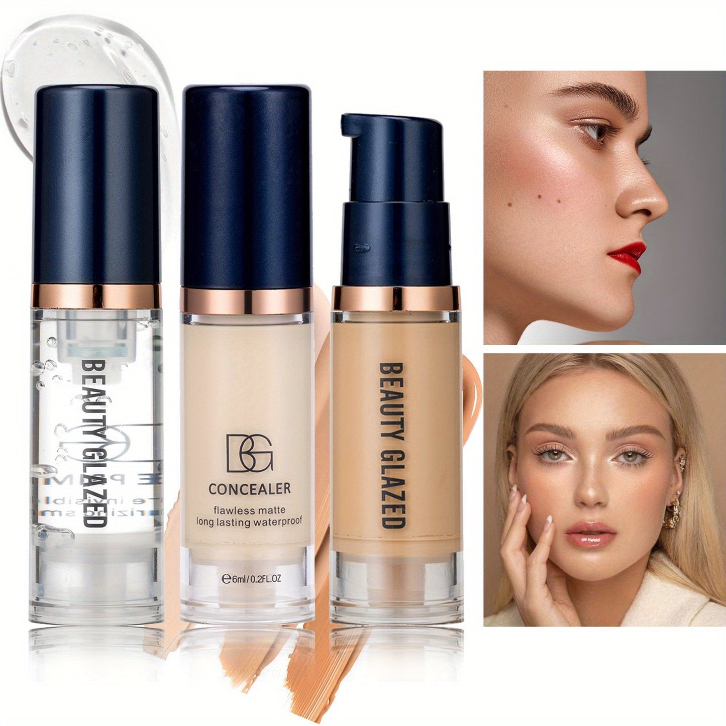 Three essential makeup sets including primer, concealer, and liquid foundation, as well as a matte velvet waterproof foundation and long-lasting portable makeup for beginners in a