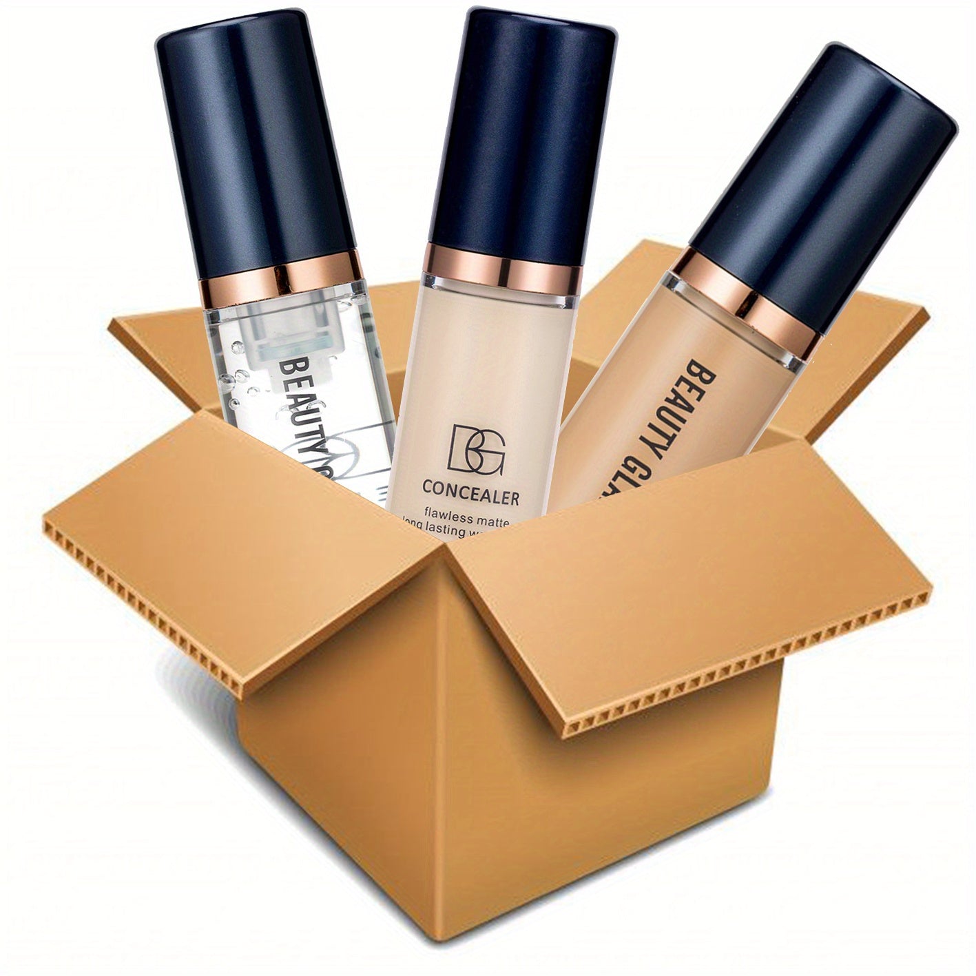 Three essential makeup sets including primer, concealer, and liquid foundation, as well as a matte velvet waterproof foundation and long-lasting portable makeup for beginners in a