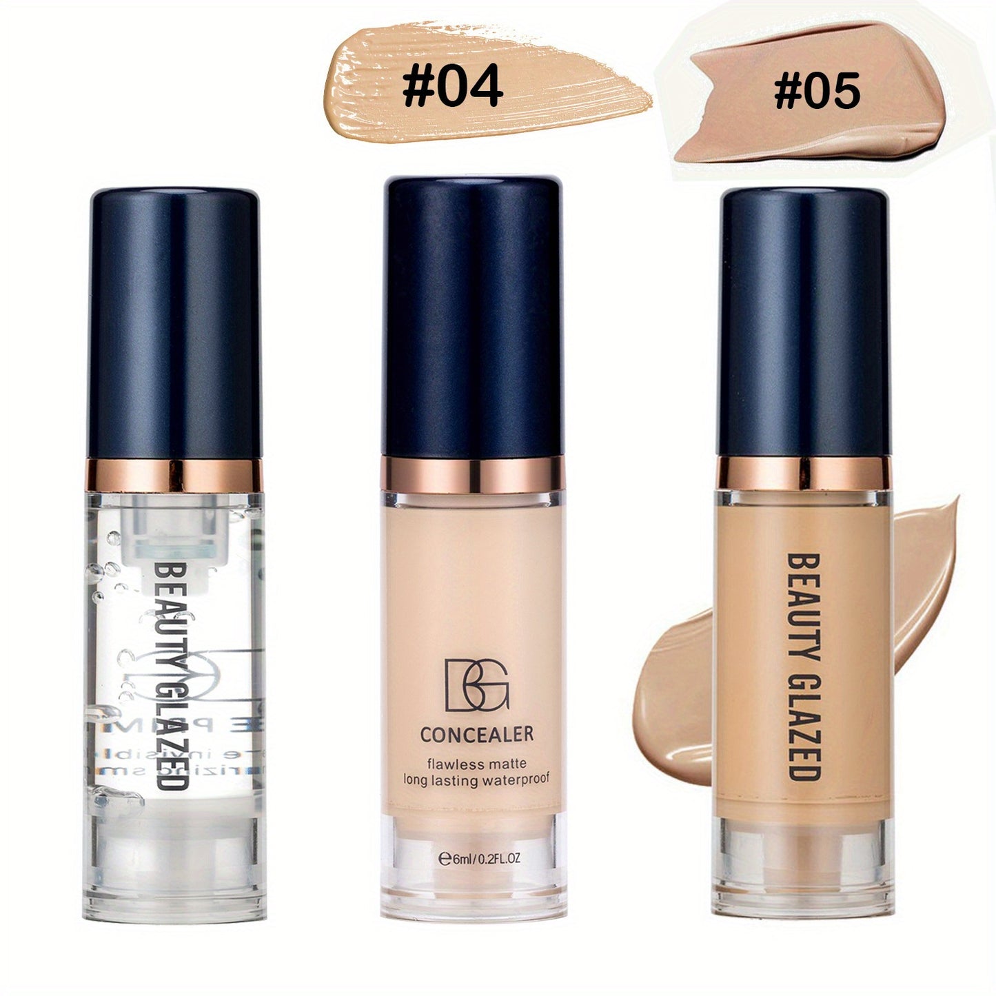 Three essential makeup sets including primer, concealer, and liquid foundation, as well as a matte velvet waterproof foundation and long-lasting portable makeup for beginners in a