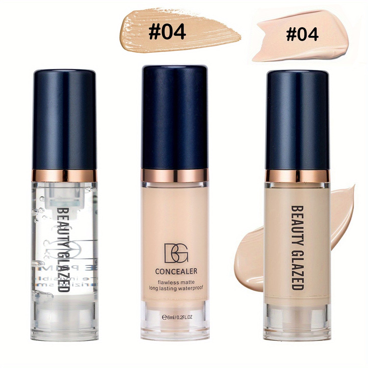 Three essential makeup sets including primer, concealer, and liquid foundation, as well as a matte velvet waterproof foundation and long-lasting portable makeup for beginners in a