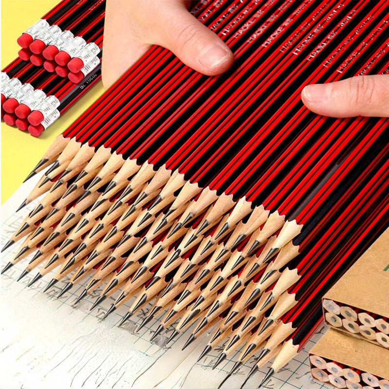 50pcs HB Pencil Set with Erasers - Fine 0.3mm, Red & Black Design, Durable & Comfortable