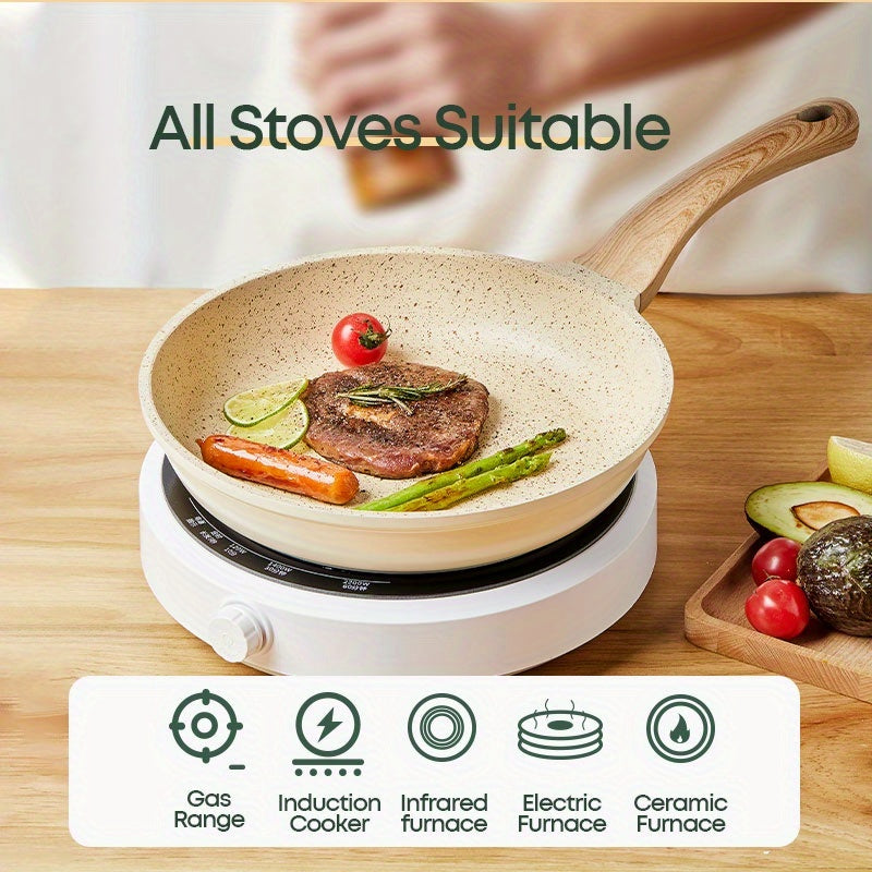 Non-stick frying pan with lid, coated with medical stone for all stovetops. Ideal for cooking vegetables, beef, pork, and fish with ease.