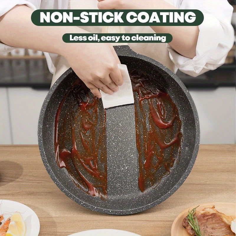 Non-stick frying pan with lid, perfect for cooking beef patties, sesame fry bag, chicken willow, and chicken wing on any stove. Essential kitchenware for all your cooking needs.