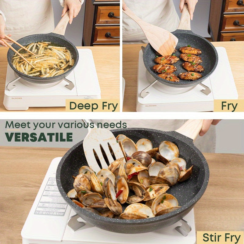 Non-stick frying pan with lid, perfect for cooking beef patties, sesame fry bag, chicken willow, and chicken wing on any stove. Essential kitchenware for all your cooking needs.