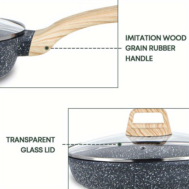 Non-stick frying pan with lid, perfect for cooking beef patties, sesame fry bag, chicken willow, and chicken wing on any stove. Essential kitchenware for all your cooking needs.