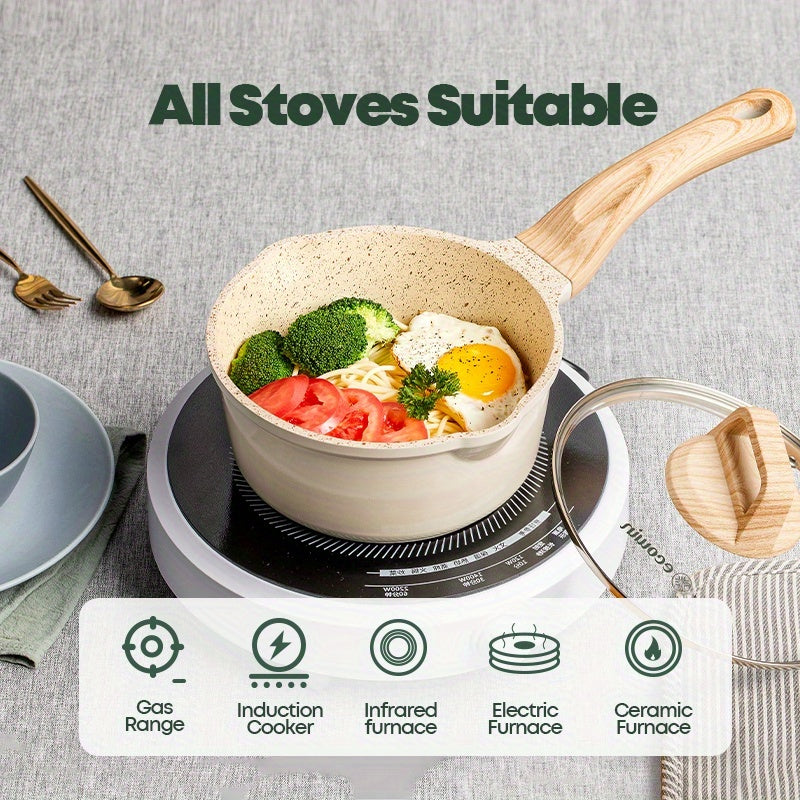 Non-stick pan for your kitchen cookware needs! This small milk pan comes with a lid and is perfect for making pasta, steak sauce, porridge, and ramen. A versatile addition to your kitchenware and cookware collection.