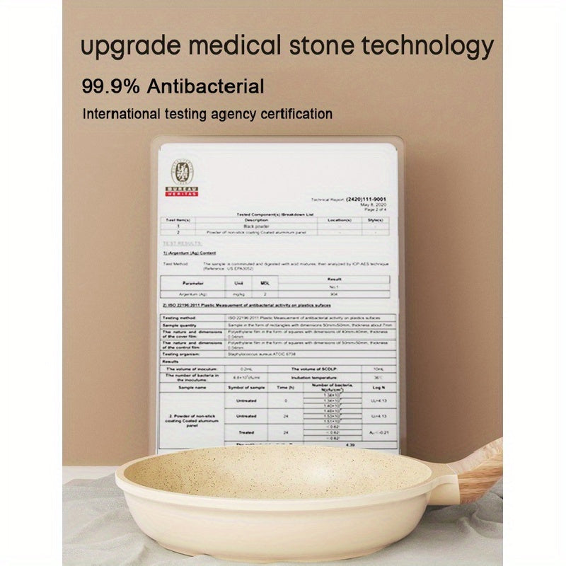 Non-stick frying pan with lid, coated with medical stone for all stovetops. Ideal for cooking vegetables, beef, pork, and fish with ease.