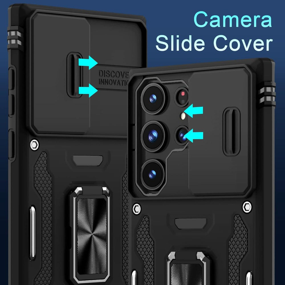 Protective case with slide camera cover and rotated ring kickstand for a variety of Samsung models, offering full camera protection.