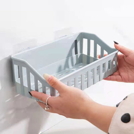 Simple wall-mounted bathroom organizer for toiletries and cosmetics; easy to install without drilling, clutter-free design.