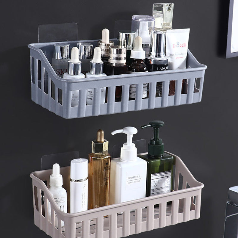 Simple wall-mounted bathroom organizer for toiletries and cosmetics; easy to install without drilling, clutter-free design.