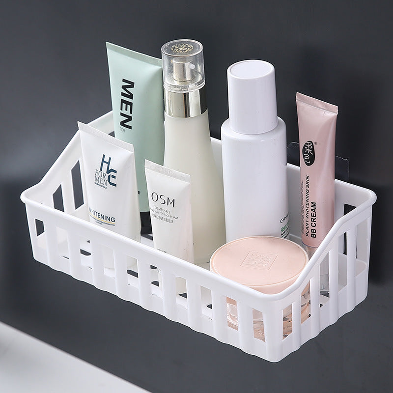 Simple wall-mounted bathroom organizer for toiletries and cosmetics; easy to install without drilling, clutter-free design.