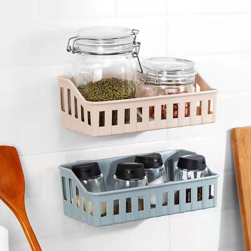 Simple wall-mounted bathroom organizer for toiletries and cosmetics; easy to install without drilling, clutter-free design.